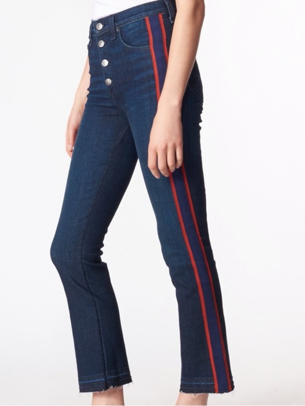 Veronica Beard Dark Blue Denim Cropped Jeans with Red Side Stripes